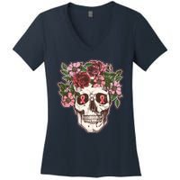 Breast Cancer Awareness Floral Flower Skull Women's V-Neck T-Shirt