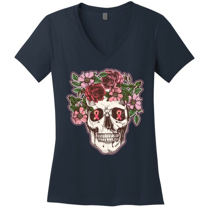 Breast Cancer Awareness Floral Flower Skull Women's V-Neck T-Shirt