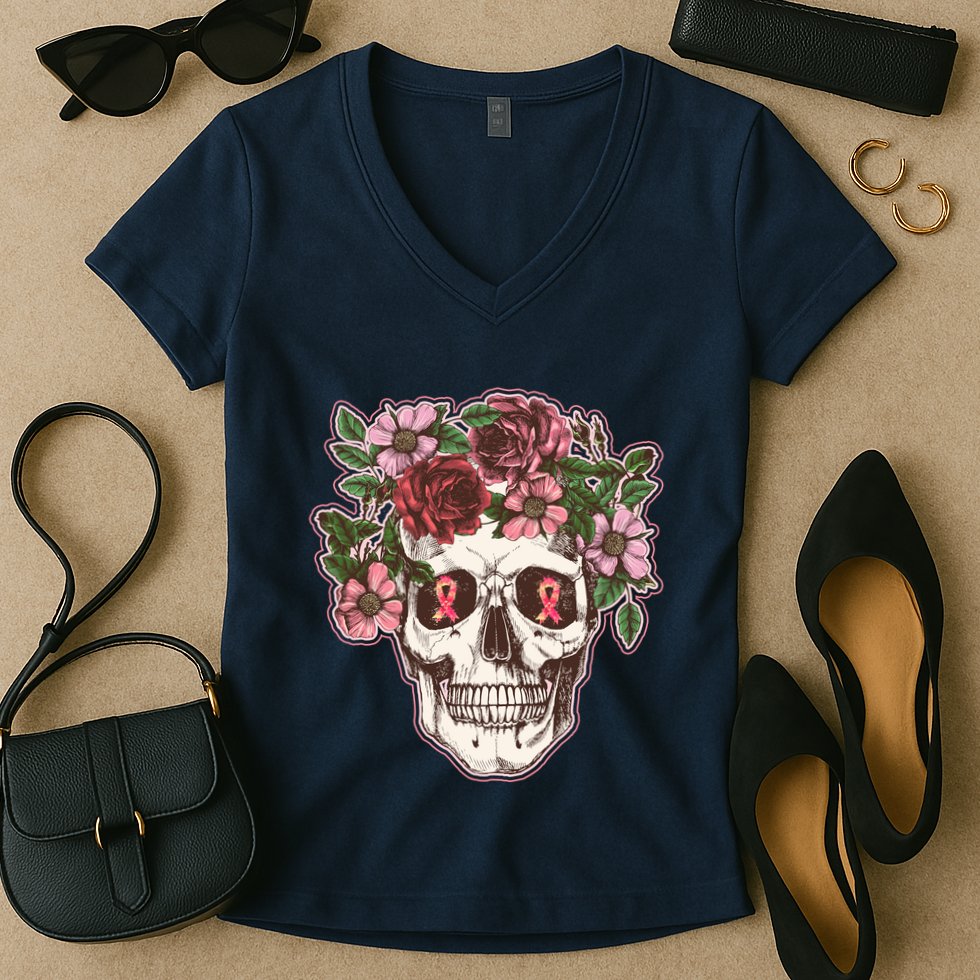 Breast Cancer Awareness Floral Flower Skull Women's V-Neck T-Shirt