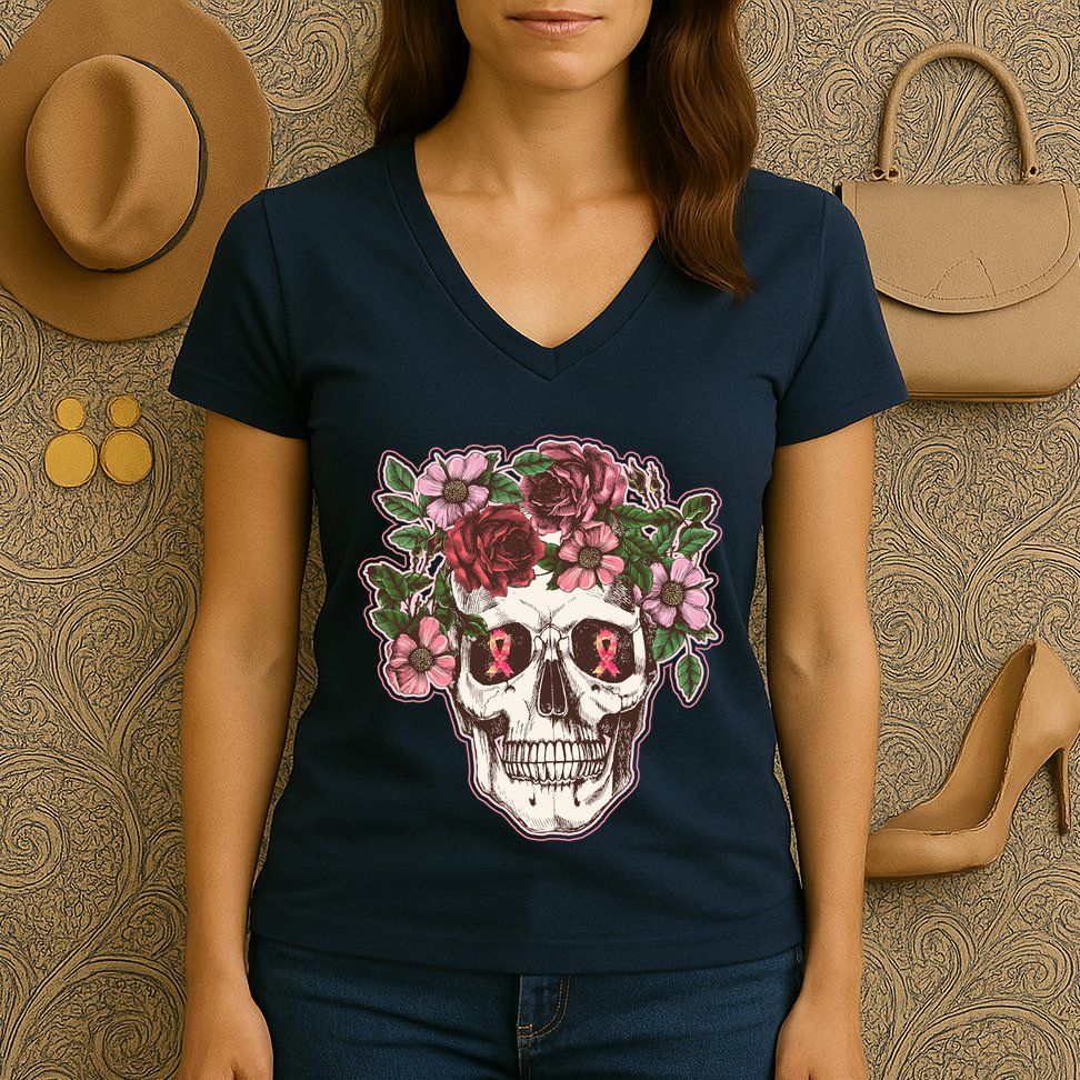 Breast Cancer Awareness Floral Flower Skull Women's V-Neck T-Shirt