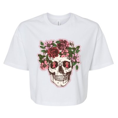 Breast Cancer Awareness Floral Flower Skull Bella+Canvas Jersey Crop Tee