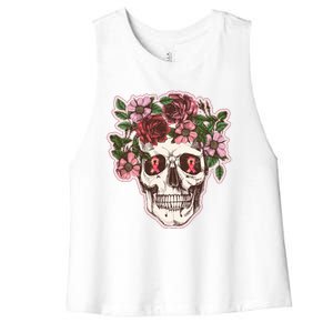 Breast Cancer Awareness Floral Flower Skull Women's Racerback Cropped Tank