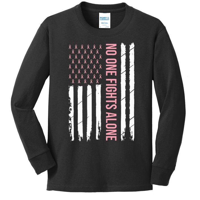 Breast Cancer Awareness Pink Ribbon USA American Flag Kids Long Sleeve Shirt