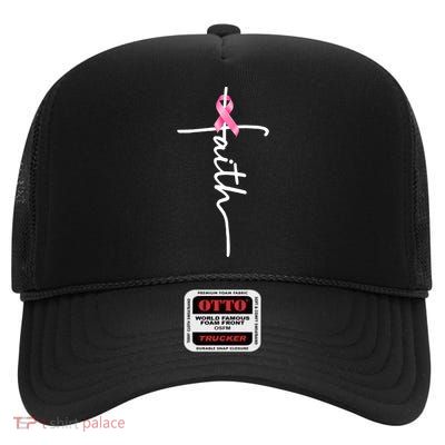 Breast Cancer Awareness Faith Cross Pink Ribbon High Crown Mesh Back Trucker Hat