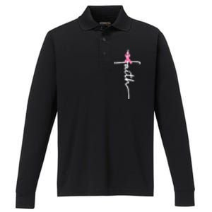 Breast Cancer Awareness Faith Cross Pink Ribbon Performance Long Sleeve Polo