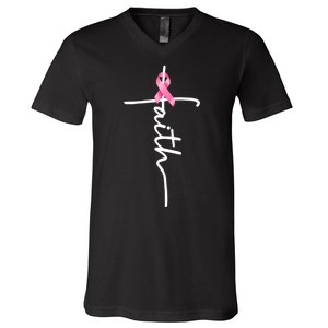 Breast Cancer Awareness Faith Cross Pink Ribbon V-Neck T-Shirt