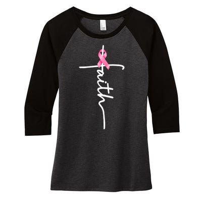 Breast Cancer Awareness Faith Cross Pink Ribbon Women's Tri-Blend 3/4-Sleeve Raglan Shirt