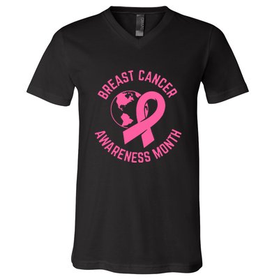 Breast Cancer Awareness Month Day Pink Ribbon Gift V-Neck T-Shirt