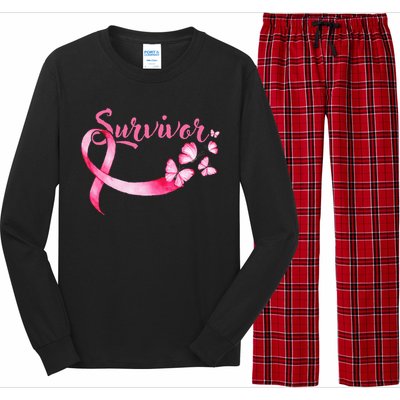 Breast Cancer Awareness Pink Butterflies Ribbon Survivor Long Sleeve Pajama Set