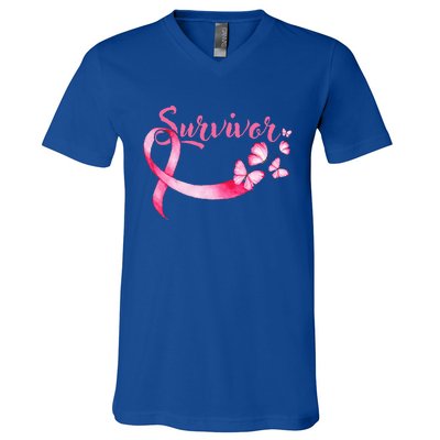 Breast Cancer Awareness Pink Butterflies Ribbon Survivor V-Neck T-Shirt