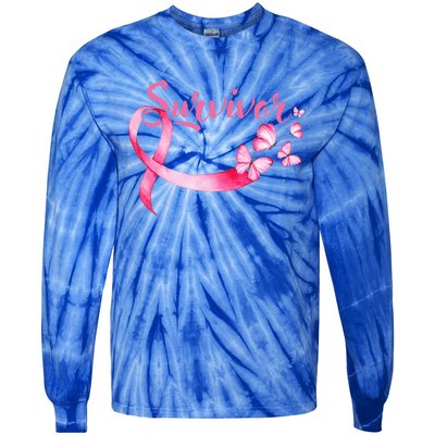 Breast Cancer Awareness Pink Butterflies Ribbon Survivor Tie-Dye Long Sleeve Shirt