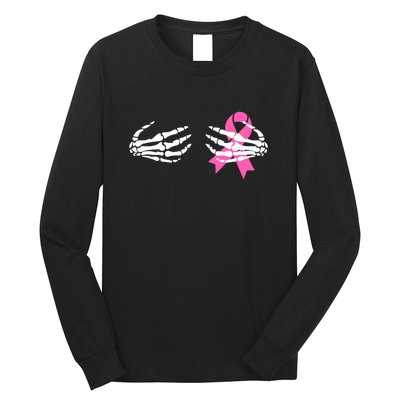 Breast Cancer Awareness Skeleton Hands Pink Ribbon Halloween Gift Long Sleeve Shirt