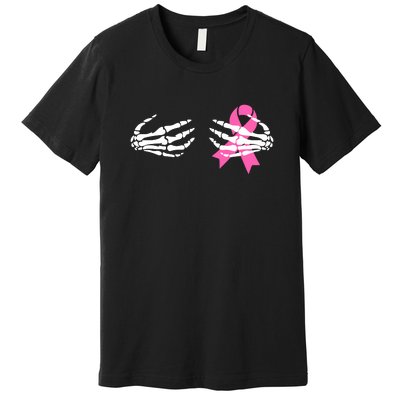 Breast Cancer Awareness Skeleton Hands Pink Ribbon Halloween Gift Premium T-Shirt