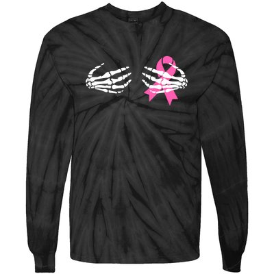 Breast Cancer Awareness Skeleton Hands Pink Ribbon Halloween Gift Tie-Dye Long Sleeve Shirt