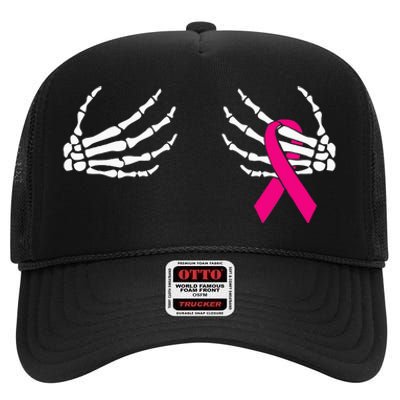 Breast Cancer Awareness Pink Ribbon Skeleton Hands High Crown Mesh Back Trucker Hat