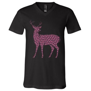 Breast Cancer Awareness Pink Ribbon & Survivor Deer V-Neck T-Shirt