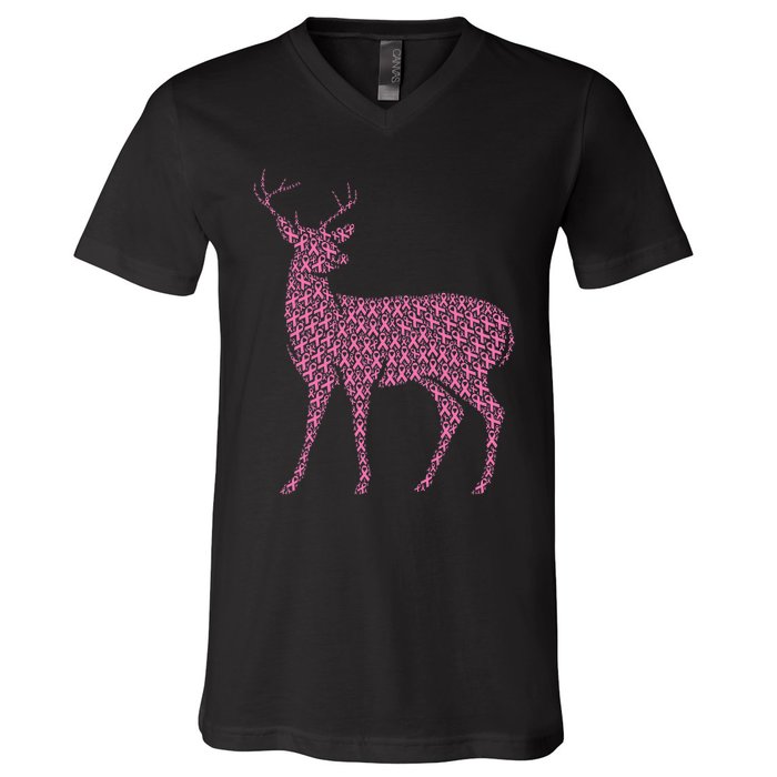 Breast Cancer Awareness Pink Ribbon & Survivor Deer V-Neck T-Shirt