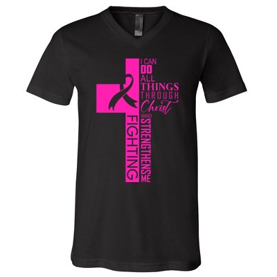 Breast Cancer Awareness Christian Cross Faith V-Neck T-Shirt