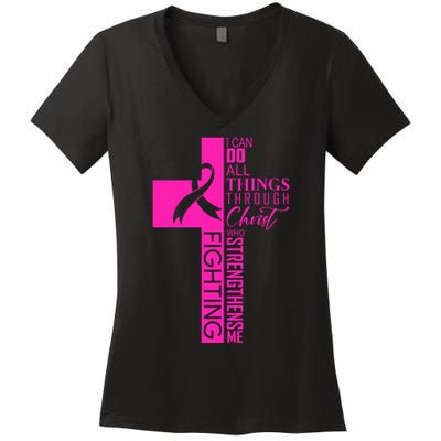 Breast Cancer Awareness Christian Cross Faith Women's V-Neck T-Shirt