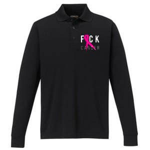 Breast Cancer Awareness Gift Fuck Cancer Retro Distressed Performance Long Sleeve Polo