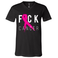 Breast Cancer Awareness Gift Fuck Cancer Retro Distressed V-Neck T-Shirt