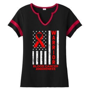 Blood Cancer Awareness Warrior American Flag Red Ribbon Ladies Halftime Notch Neck Tee