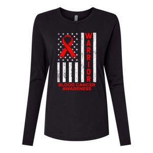 Blood Cancer Awareness Warrior American Flag Red Ribbon Womens Cotton Relaxed Long Sleeve T-Shirt