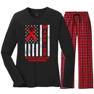 Blood Cancer Awareness Warrior American Flag Red Ribbon Women's Long Sleeve Flannel Pajama Set 