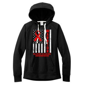 Blood Cancer Awareness Warrior American Flag Red Ribbon Women's Fleece Hoodie