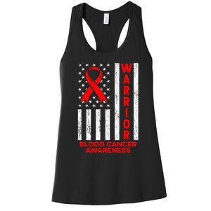 Blood Cancer Awareness Warrior American Flag Red Ribbon Women's Racerback Tank