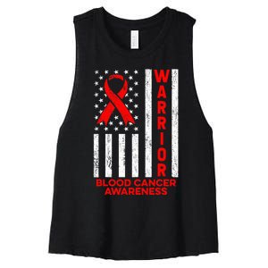 Blood Cancer Awareness Warrior American Flag Red Ribbon Women's Racerback Cropped Tank