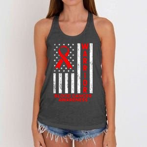 Blood Cancer Awareness Warrior American Flag Red Ribbon Women's Knotted Racerback Tank