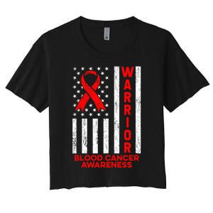 Blood Cancer Awareness Warrior American Flag Red Ribbon Women's Crop Top Tee