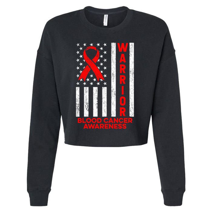 Blood Cancer Awareness Warrior American Flag Red Ribbon Cropped Pullover Crew