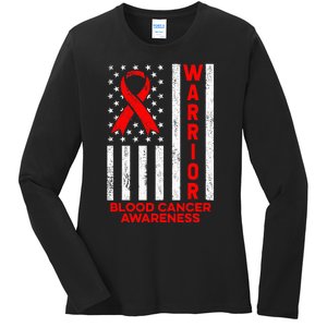 Blood Cancer Awareness Warrior American Flag Red Ribbon Ladies Long Sleeve Shirt