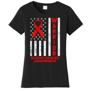 Blood Cancer Awareness Warrior American Flag Red Ribbon Women's T-Shirt