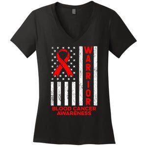 Blood Cancer Awareness Warrior American Flag Red Ribbon Women's V-Neck T-Shirt