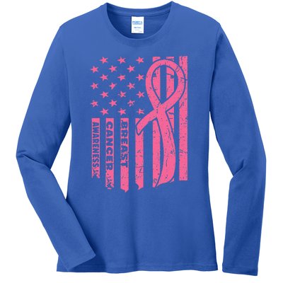 Breast Cancer Awareness Flag USA Breast Cancer Warrior Ladies Long Sleeve Shirt