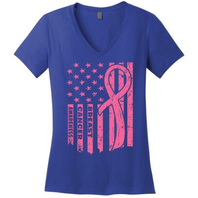 Breast Cancer Awareness Flag USA Breast Cancer Warrior Women's V-Neck T-Shirt