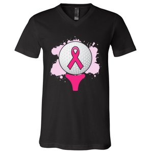 Breast Cancer Awareness Golf Ball Pink Ribbon V-Neck T-Shirt