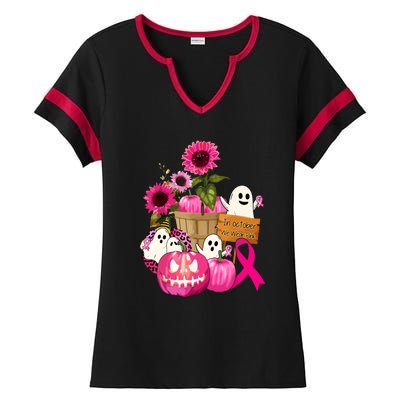 Breast Cancer Awareness Cute Ghosts And Pink Ribbon Pumpkins Gift Ladies Halftime Notch Neck Tee