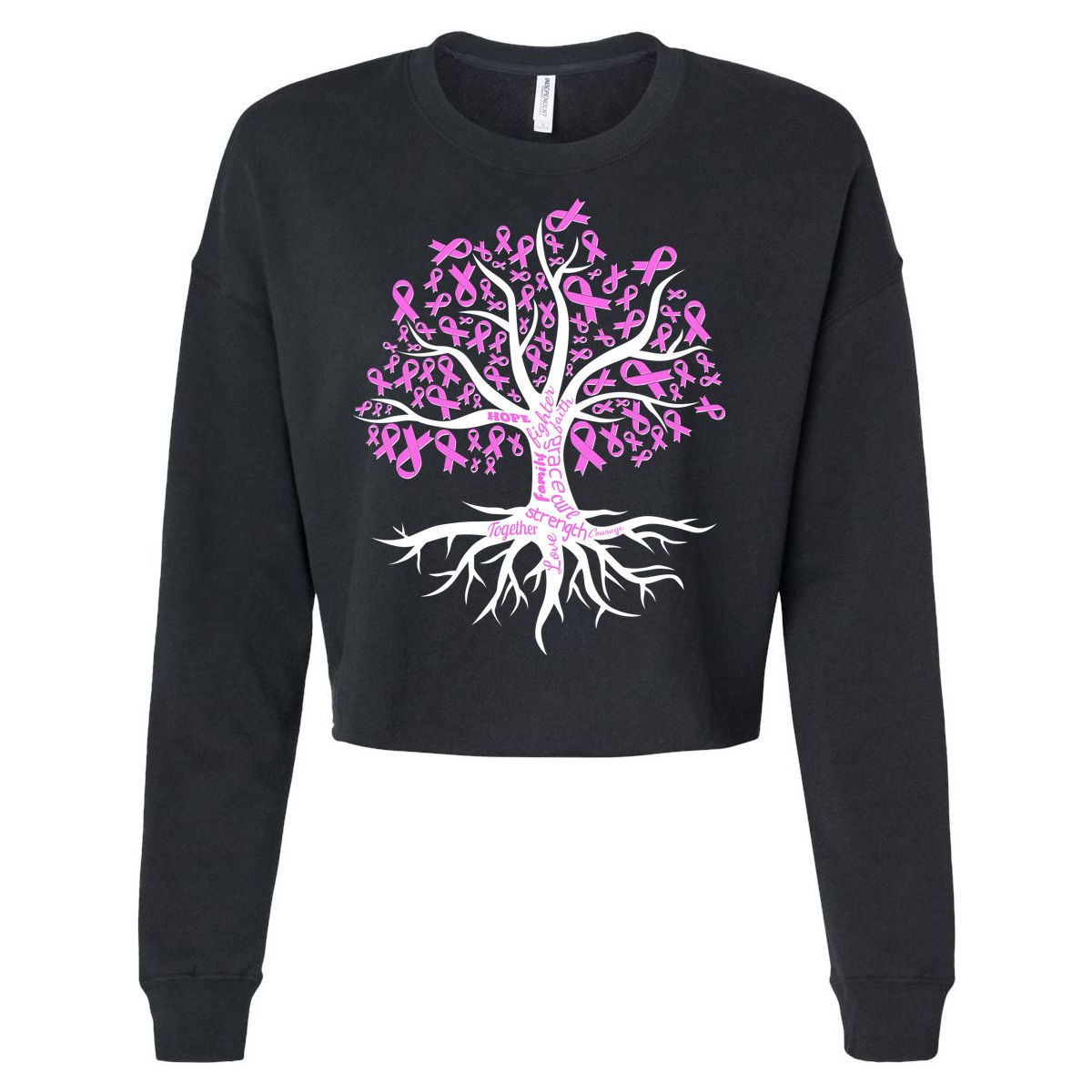 Breast Cancer Awareness Pink Ribbon Tree Cropped Pullover Crew