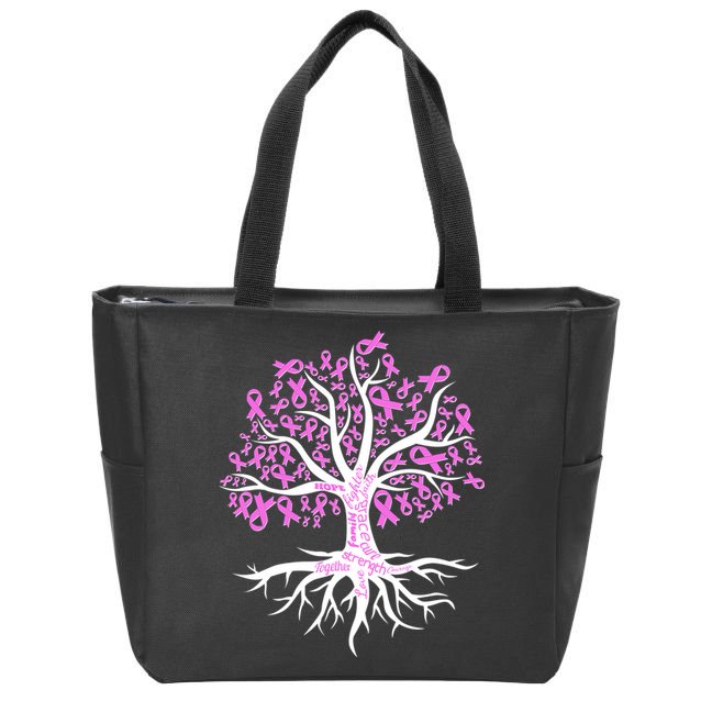 Breast Cancer Awareness Pink Ribbon Tree Zip Tote Bag