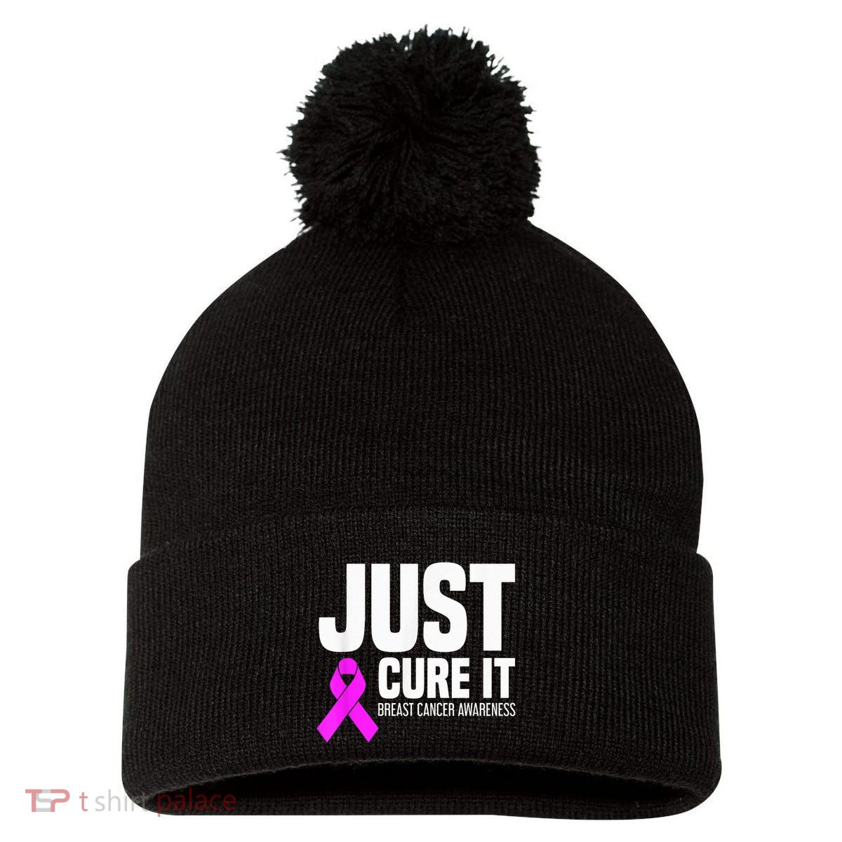 Breast Cancer Awareness - Just Cure It Pom Pom 12in Knit Beanie