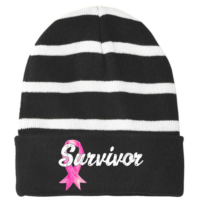 Breast Cancer Awareness Survivor Mom Wife Mama Gift Striped Beanie with Solid Band