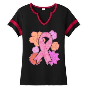 Breast Cancer Awareness Floral Flowers Ribbon Ladies Halftime Notch Neck Tee