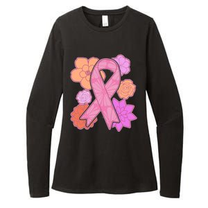 Breast Cancer Awareness Floral Flowers Ribbon Womens CVC Long Sleeve Shirt