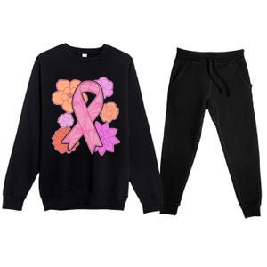 Breast Cancer Awareness Floral Flowers Ribbon Premium Crewneck Sweatsuit Set