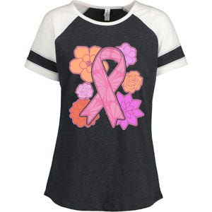 Breast Cancer Awareness Floral Flowers Ribbon Enza Ladies Jersey Colorblock Tee