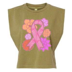 Breast Cancer Awareness Floral Flowers Ribbon Garment-Dyed Women's Muscle Tee